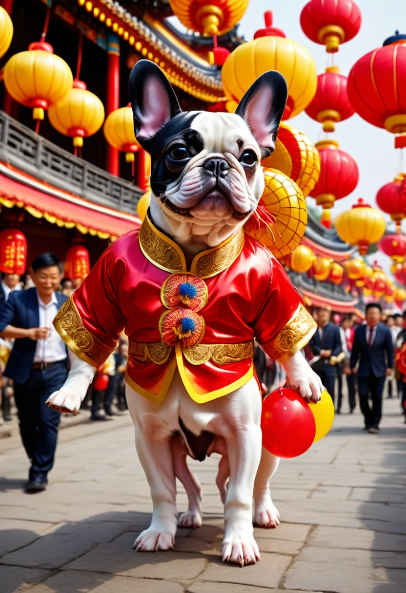 A pied french bulldog made of balloons., participating in a chinese festival. (Best Quality,4k,high resolution,Masterpiece:1.2),vibrant colors,french bulldog pied detailed,Traditional festival,celebration,Happy atmosphere,colorful lanterns,happy crowd,dragon dance,Fireworks,smiling people,dynamic movement,bustling streets,traditional costumes,ornate decorations,shiny scales of the pied french bulldog,pied french bulldog face with wide eyes,pied french bulldog dancing,Energy efficiency,elaborate parade,thundering drums,lively music,enthusiastic spectators,red and gold color combination,traditional chinese motifs,auspicious symbol,beautifully crafted dragon,cultural heritage