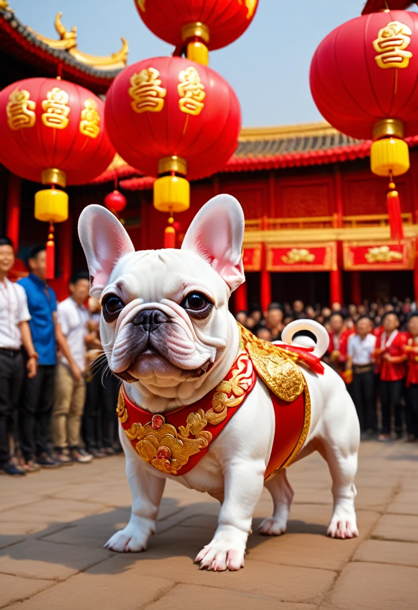 A pied french bulldog made of balloons., participating in a chinese festival. (Best Quality,4k,high resolution,Masterpiece:1.2),vibrant colors,french bulldog pied detailed,Traditional festival,celebration,Happy atmosphere,colorful lanterns,happy crowd,dragon dance,Fireworks,smiling people,dynamic movement,bustling streets,traditional costumes,ornate decorations,shiny scales of the pied french bulldog,pied french bulldog face with wide eyes,pied french bulldog dancing,Energy efficiency,elaborate parade,thundering drums,lively music,enthusiastic spectators,red and gold color combination,traditional chinese motifs,auspicious symbol,beautifully crafted dragon,cultural heritage