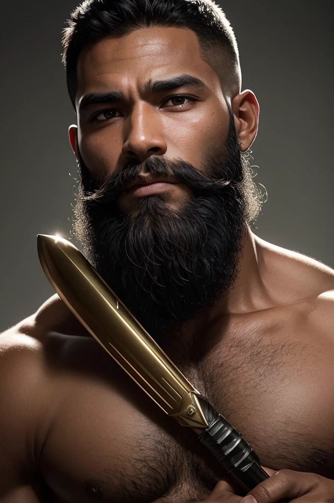 Strong man soldier : dark-skinned,with beard, whisker, short hair black eyes and hair, erect penis,40 year old