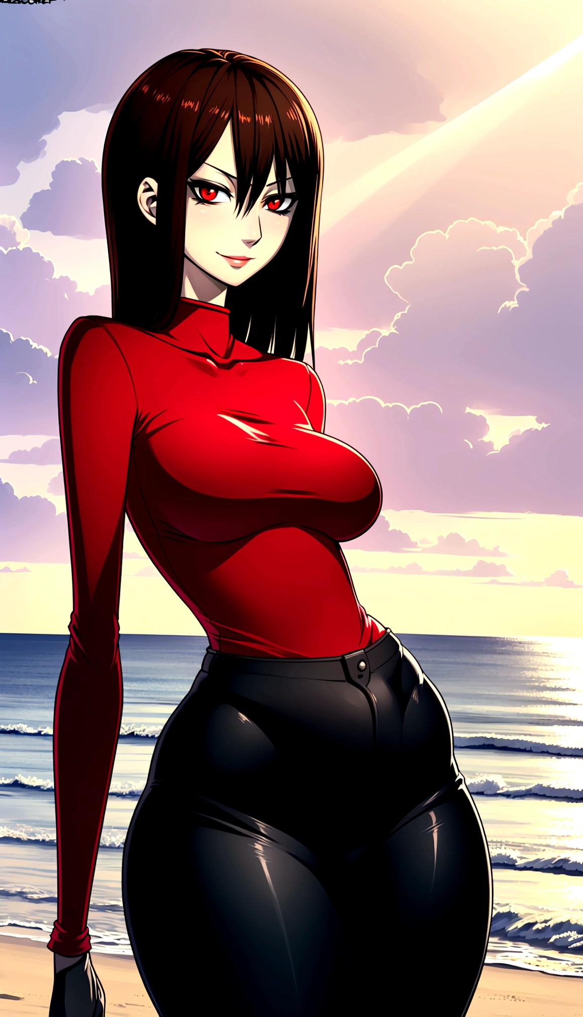 masterpiece, best quality, jabami yumeko, looking at viewer, black hair, red eyes color, large breasts, upper body, portrait, looking at viewer, seductive smile,both hands raised, armpits, armpits visible, sweaty armpits,, wearing red bikini, backround on beach