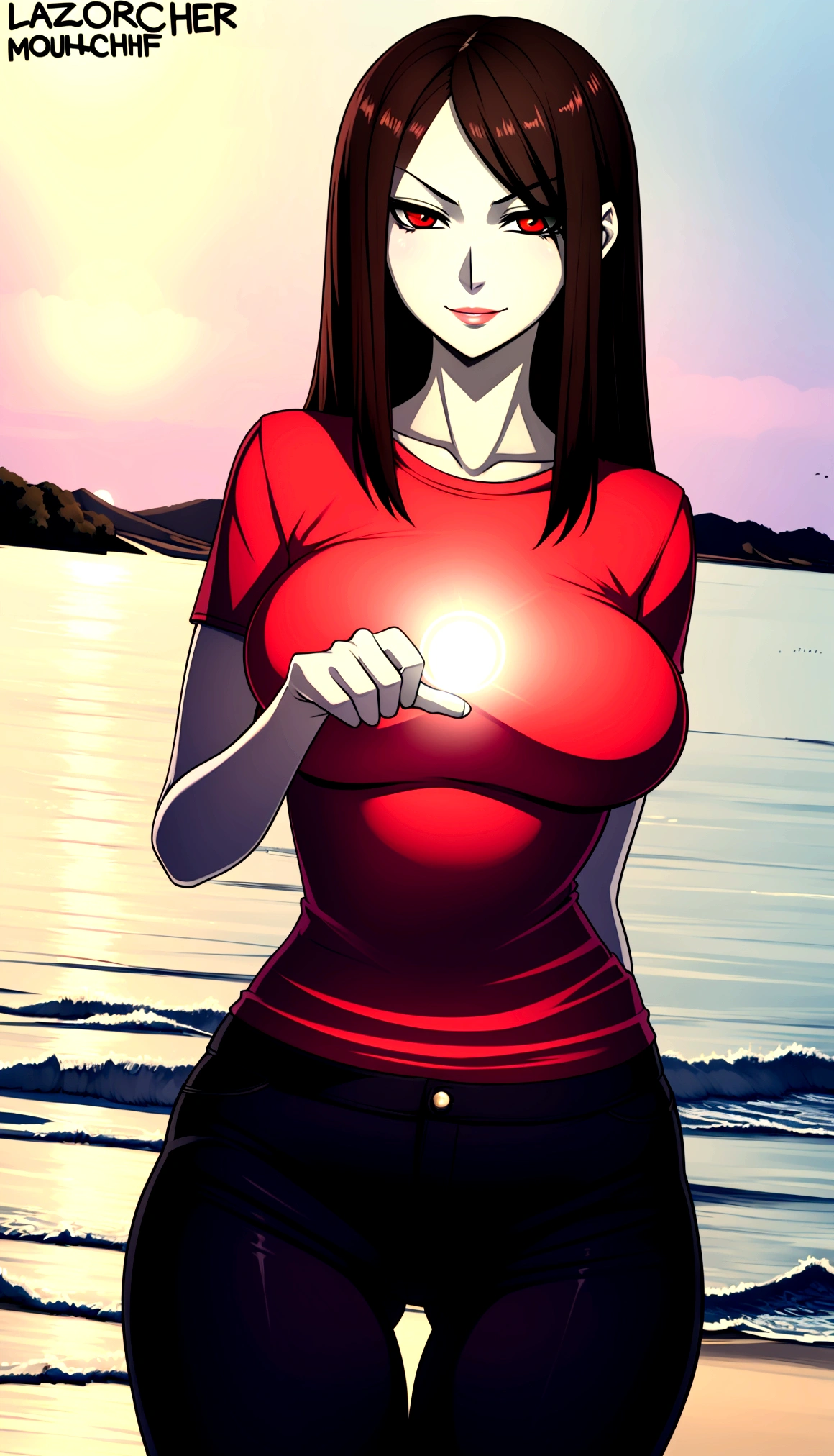 high_aesthetic,art by Lazorchef, ((Masterpiece, best quality, perfect lighting, amazing shading)), perfect anatomy, field of depth, extremely beautiful, long brown hair, red eyes, bangs, parted bangs, red shirt, black pants, cute smile, (((skinny))), (Large breasts), ((wide_hips)), blushing, beach background, detailed background