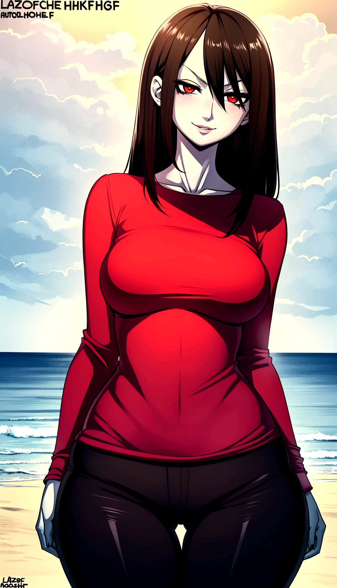 high_aesthetic,art by Lazorchef, ((Masterpiece, best quality, perfect lighting, amazing shading)), perfect anatomy, field of depth, extremely beautiful, long brown hair, red eyes, bangs, parted bangs, red shirt, black pants, cute smile, (((skinny))), (Large breasts), ((wide_hips)), blushing, beach background, detailed background