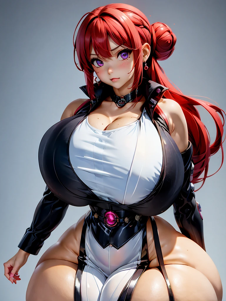 score_9, score_8_up, score_7_up, score_6_up, score_5_up, score_4_up, source_anime, rating_safe, asura \(asurauser\), (cutesexyrobutts:0.55), (sano_toshihide:0.8), hongoutfit, mature female, hongoutfit, 1girl, jewelry, solo, mole under eye, mole, anger vein, necktie, hair bun, single hair bun, red necktie, ring, earrings, crossed arms, shirt, upper body, spoken anger vein, parted lips, sweatdrop, looking at viewer, blush, grey background, jacket, collared shirt, ..., formal, black shirt, simple background, suit, spoken ellipsis, hair ornament, bangs, swept bangs, red hair, huge breasts, purple eyes, black jacket, grey shirt, solo,oppai, oppai proportions, hyperrealistic full figure, thicc, biomechanical oppai, really large bust, large bust, with large breasts