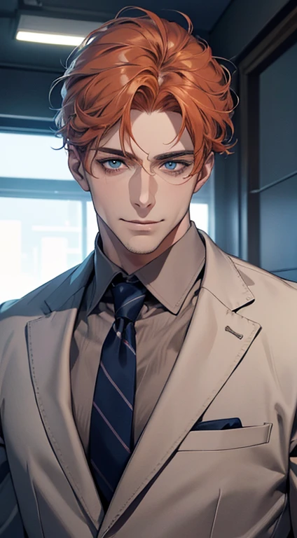 (best quality,4k,8k,highres,masterpiece:1.2),ultra-detailed,(realistic,photorealistic,photo-realistic:1.37),1 man,31 years old,mature man,very handsome,without expression,smile,short grey b
Orange hair,blue eyes,penetrating gaze,perfect face without errors,imposing posture,businessman,office background,cinematic lighting,hdr image