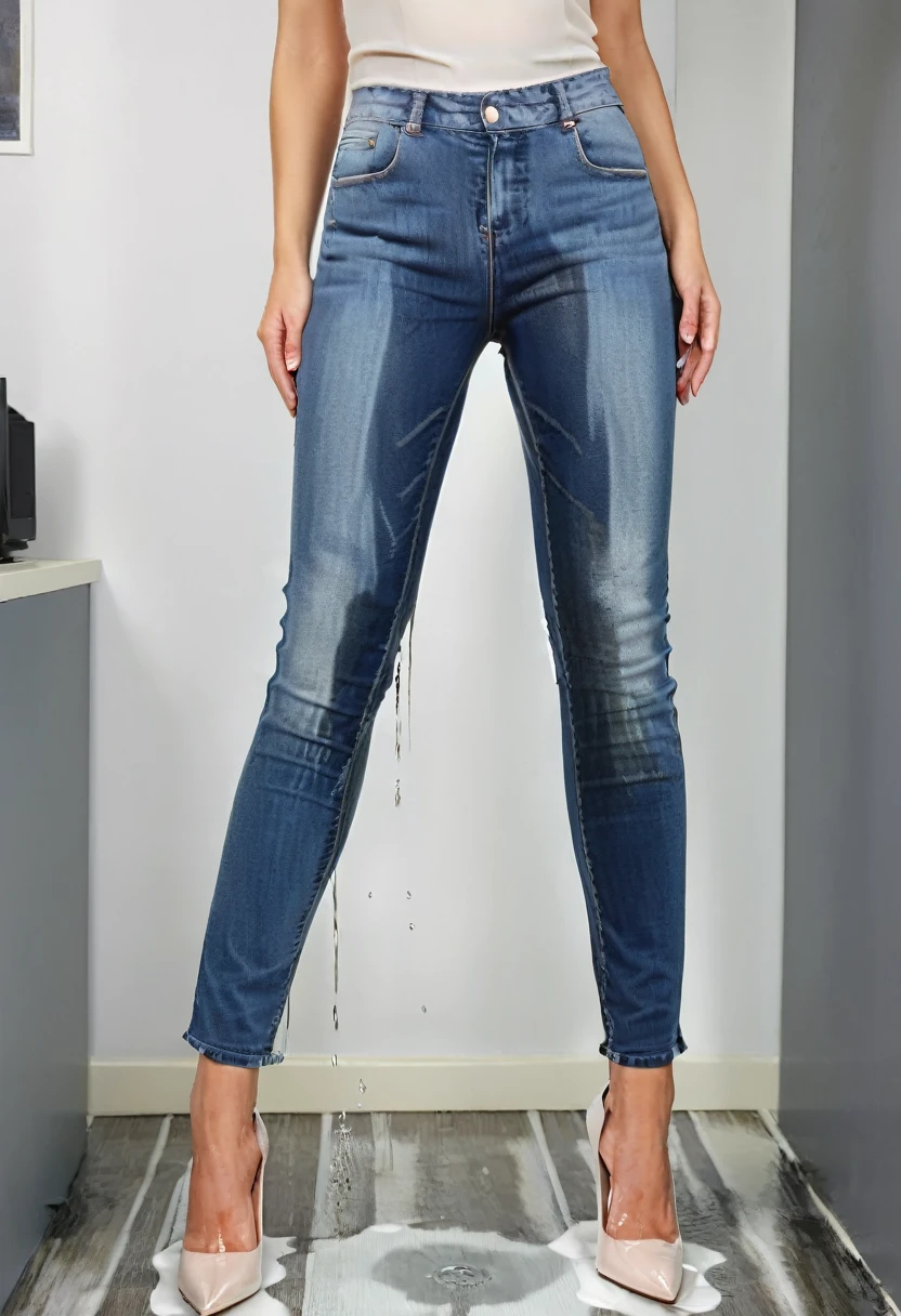 blonde woman, blue eyes, wavy hair, white blouse, skinny jeans, high heel pumps, standing in an office, big smile, wetting, show heels, lower legs of jeans soaked with pee, front of jeasns soaked with pee,  pee stains are gleaming wet