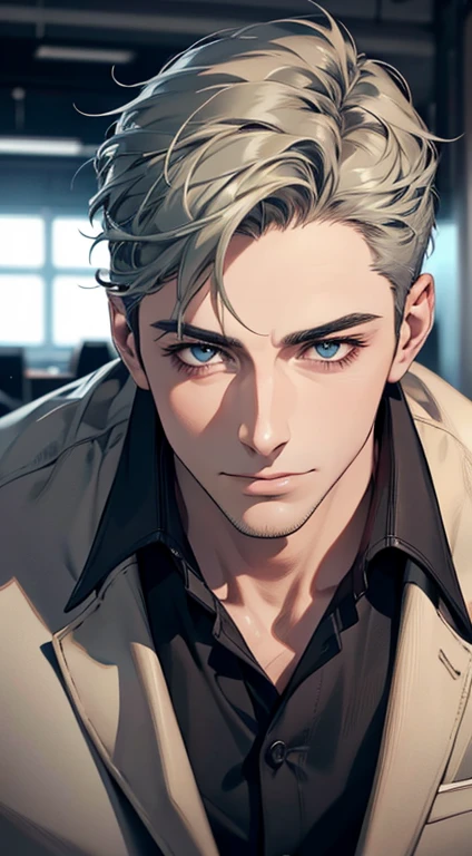 (best quality,4k,8k,highres,masterpiece:1.2),ultra-detailed,(realistic,photorealistic,photo-realistic:1.37),1 man,31 years old,mature man,very handsome,without expression,smile,short grey green hair,blue eyes,penetrating gaze,perfect face without errors,imposing posture,businessman,office background,cinematic lighting,hdr image