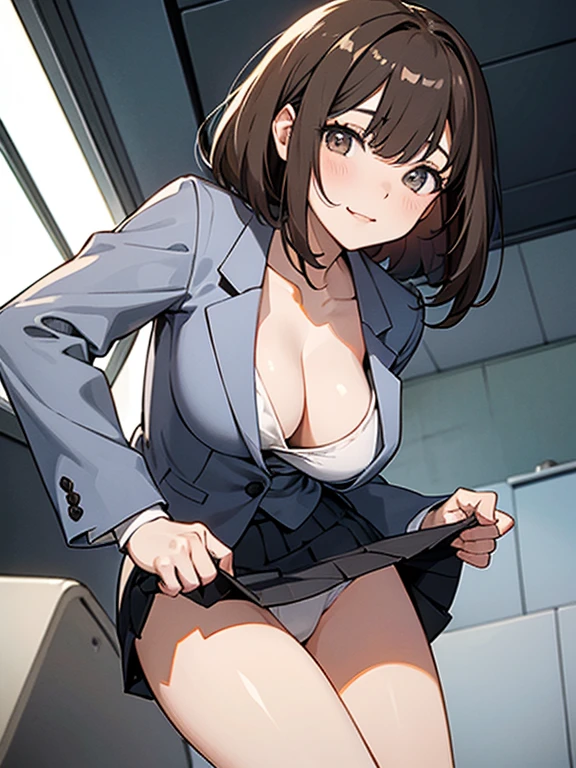 (Highest quality, 8K, 32k, masterpiece, Ultra-high resolution: 1.2), 1 Girl, Beautiful Japanese Woman, thinウエスト, (Gray suit), Open jacket, 魅力的なoffice Lady, suit, (Gray Tight Skirt), office, office, machine, Beautiful Face, Brown Hair, Bob Hair, Saggy eyes, Slender figure,Cleavage, thin, whole body, Detailed expression down to the fingertips,Sexy thighs, One Woman, alone, A charming smile,White panties,Peeking inside the skirt from below,Angle from below,Low - Angle