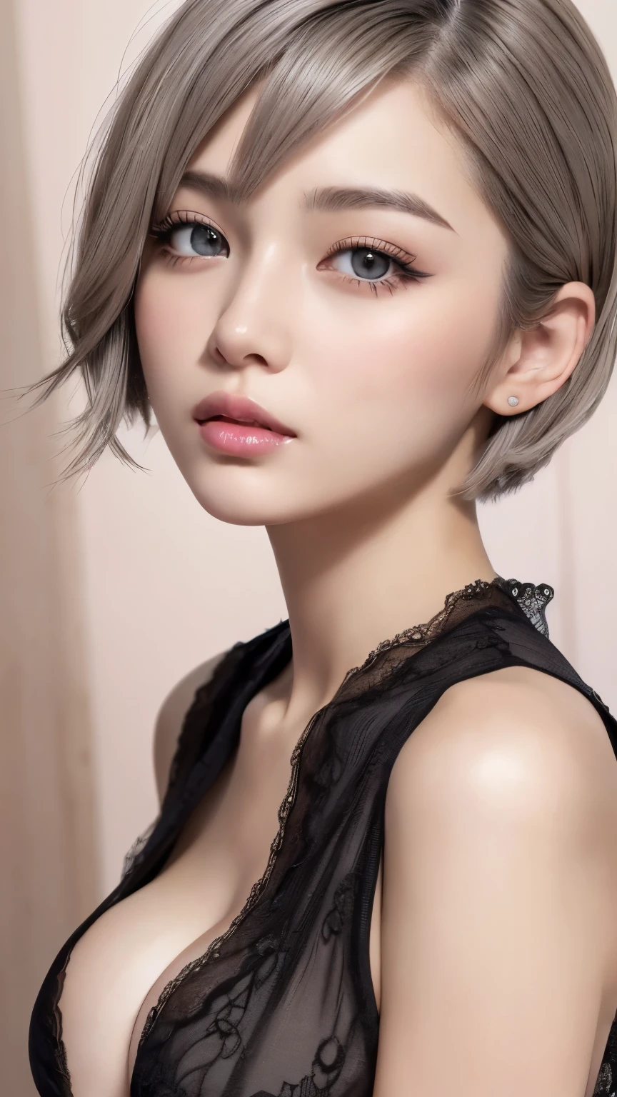 ((wallpaper 8k)), ((surreal)), ((Quality with attention to detail:1.2)), 1 girl, 14talent、kind eyes、plump lips、Ash gray hair、An ennui look、(((small breasts、small breasts、areola:1.1、nipple)))、black classy dress,Black capelet, look up, Widespread poverty, short cut hair、short hair twintails、Ash gray hair:1.5、white skin、