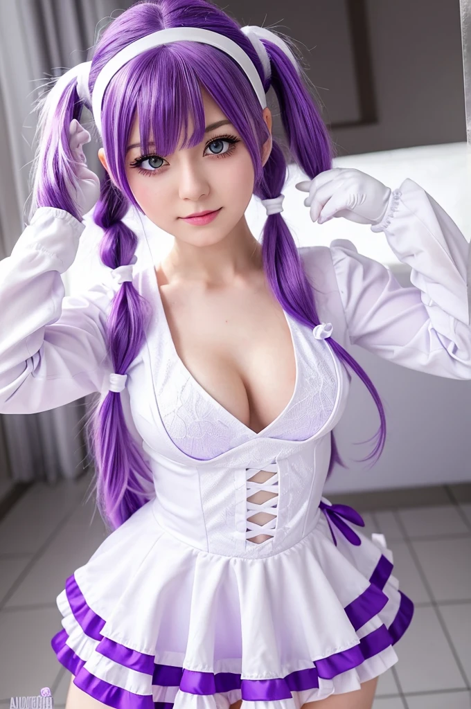 arafed woman with purple hair and white top posing for a picture, white and purple, anime girl cosplay, twintails white_gloves, skydoll noa, purple eyes and white dress, purple body, ahegao, purple aethetic, very aesthetic!!!!!!, cosplay, anime cosplay, seductive anime girl, ayaka cosplay, belle delphine