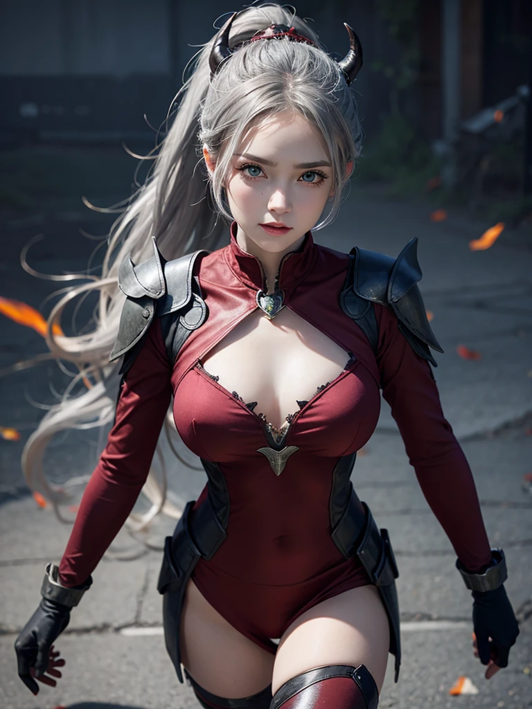 Masterpiece,Best quality,High resolution,8K,((portrait)),((head close-up)),(original photo,real photo,digital photo,28 year old woman,Ponytail, ((gray hair)),((eyes red,devil eyes)), jewelry,beautiful elegant,arrogant,noble and charming,(fantasy combat suit),((devil body)),(combat girl), photo pose,night,oc render reflection texture