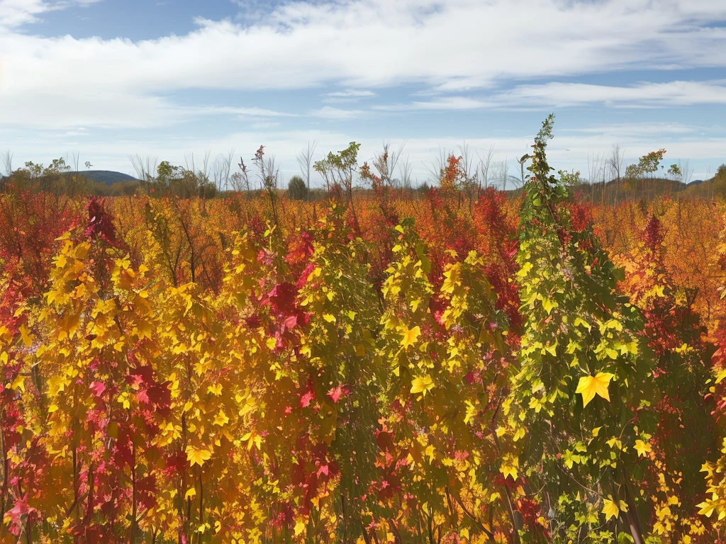 There is a colorful field of plants,Background is sky, Harvesting autumn vitality, harvest Autumn energy, Autumn wilderness, Autumn energy, Colorful vines, Beautiful high resolution, Autumn Leaves, full of Colorful vegetation, operating system, Colorful vegetation, Vivid vegetation, Vibrant vegetation, Standing in the flower field, Widescreen screenshot, Vibrant autumn colors, Fall colors