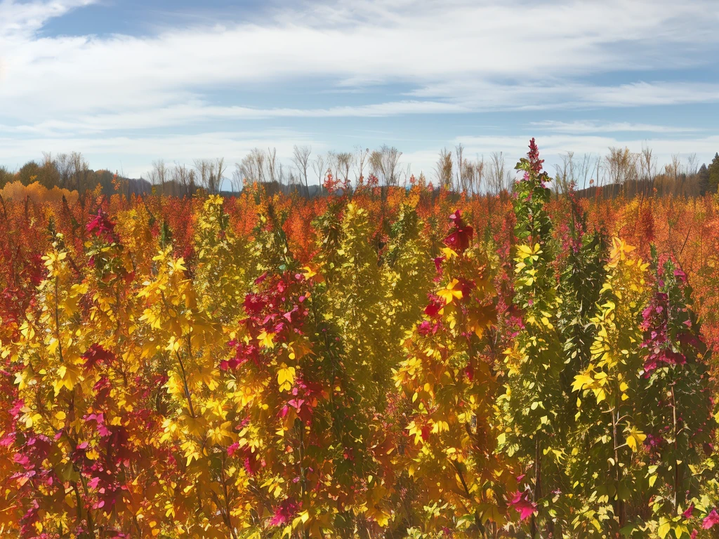 There is a colorful field of plants，Background is sky, Harvesting autumn vitality, harvest Autumn energy, Autumn wilderness, Autumn energy, Colorful vines, Beautiful high resolution, Autumn Leaves, full of Colorful vegetation, operating system, Colorful vegetation, Vivid vegetation, Vibrant vegetation, Standing in the flower field, Widescreen screenshot, Vibrant autumn colors, Fall colors