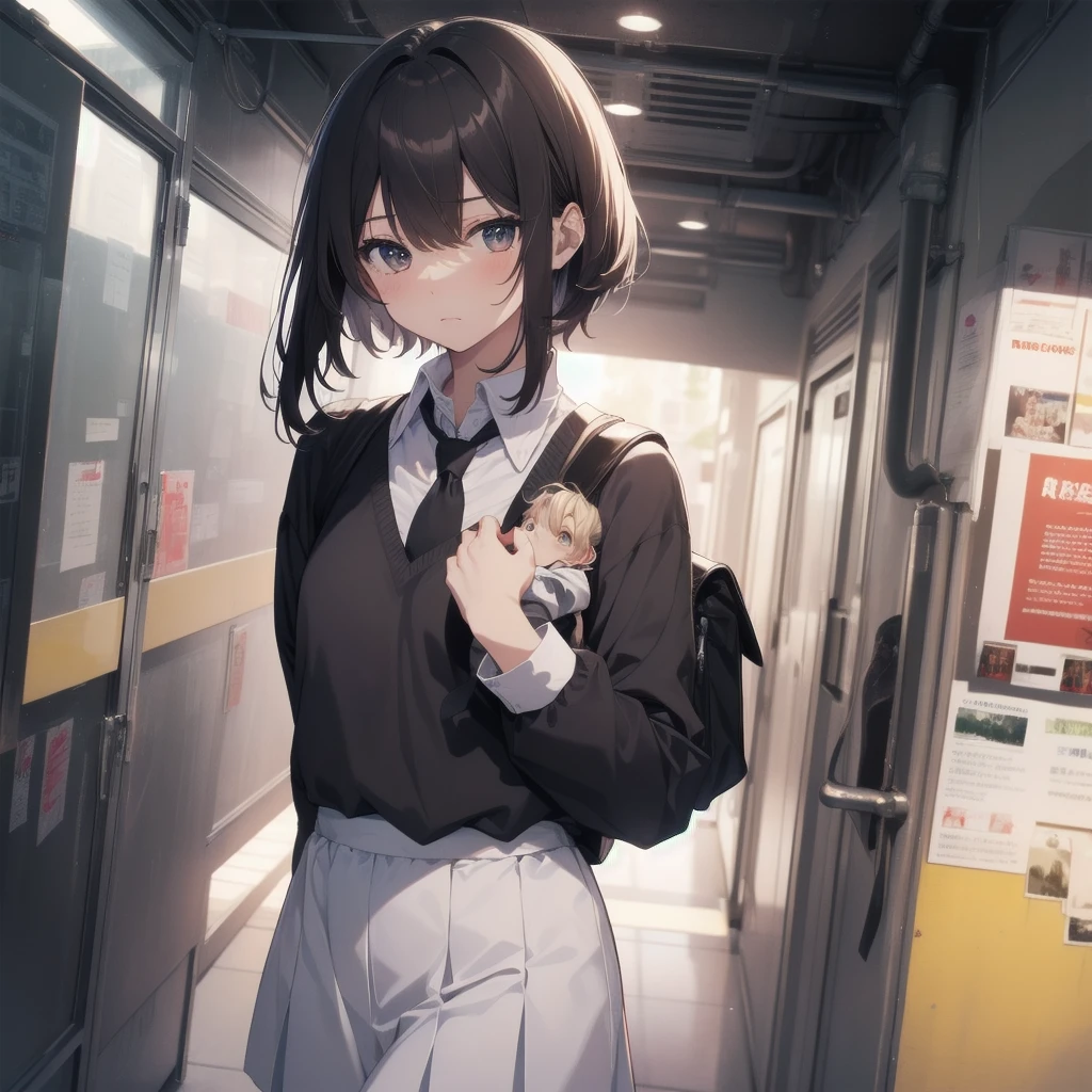 ultra-absurdres-quality by art God, ultra-detailed, high resolution, anime moe artstyle, best anime 8k konachan wallpaper, pixiv contest winner, perfect anatomy, break,(Please draw a girl walking sleepily to school alone. )break,1girl, (Solo,little female, baby face, 13-year-old:1.3),Full limbs, complete fingers,a junior high school student, Attractiveness of immature bodies, (very_short hair), bungs, flat chest, small butt, groin, beautiful detailed eyes, well-proportioned iris and pupils, expressive eyes, sleepily eyes, highres detailed hair, neck ribbon, shirt, collared shirt, skirt, pleated skirt, , school bag,(Detailed Lighting), (Detailed background), in the School commute route. break,super detailed skin, Best cinematic lighting powered by famous artist, 8k,beauty illustration,photoshop_(medium),absurdres highres,UHD,textured skin,break,((artist:mifuru)), artist:fuzichoco,artist:ixy,artist:hanekoto, wearing glasses, brown hair, brown eyes. Dull expression, slightly blushes, tsundere typed