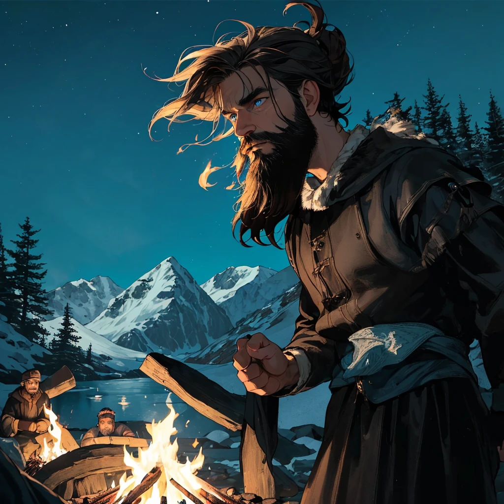 (masterpiece, highest quality), in an arctic dark blue and dark brown atmosphere a man with scruffy beard and blue eyes is standing and looking down on the campfire while talking to the group members around the campfire and he’s making a gesture with his arms A story with a neutral expression in his gesture is fluid