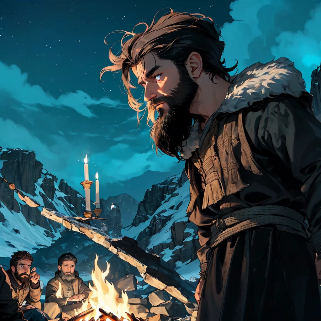 (masterpiece, highest quality), in an arctic dark blue and dark brown atmosphere a man with scruffy beard and blue eyes is standing and looking down on the campfire while talking to the group members around the campfire and he’s making a gesture with his arms A story with a neutral expression in his gesture is fluid