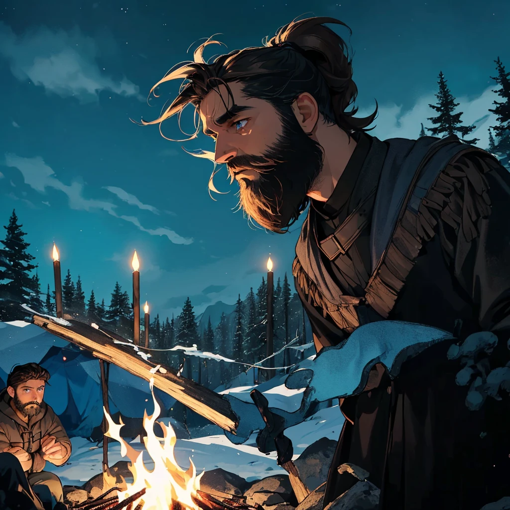 (masterpiece, highest quality), in an arctic dark blue and dark brown atmosphere a man with scruffy beard and blue eyes is standing and looking down on the campfire while talking to the group members around the campfire and he’s making a gesture with his arms A story with a neutral expression in his gesture is fluid
