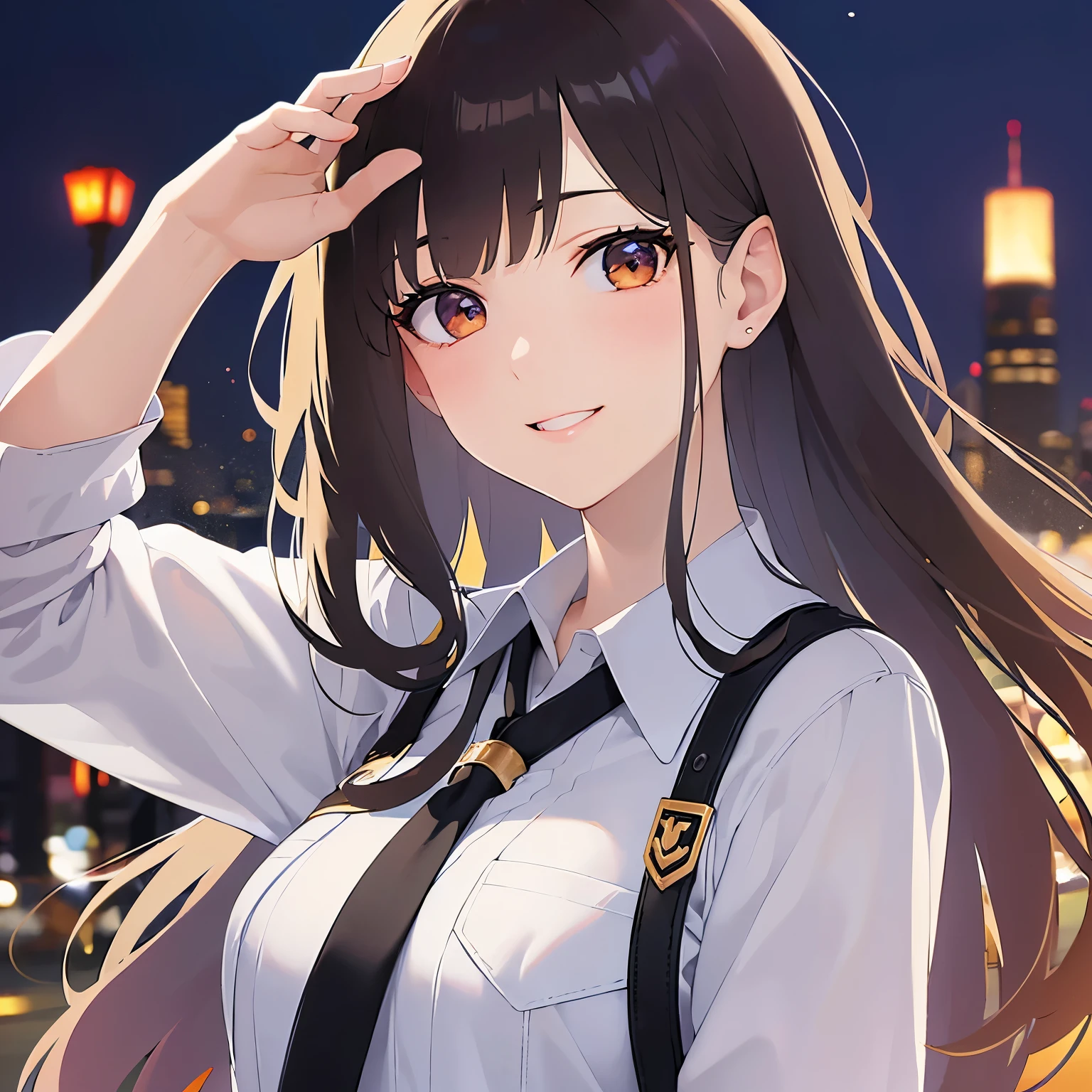 lookin at viewer,upper Body, salute、
Realistic, real person, (pale skin: 1.2), RAW photo, photorealistic, shiny skin, shiny hair、 (A 25-year-old woman with bob hair and bangs:1.5) and (wavy hair) and (brown hair) and (Orange Eyes)、
(business suit)and (Wearing a white collared shirt:1.5)、
blush,(smile:1.5),The background is the city at night、Night Sky