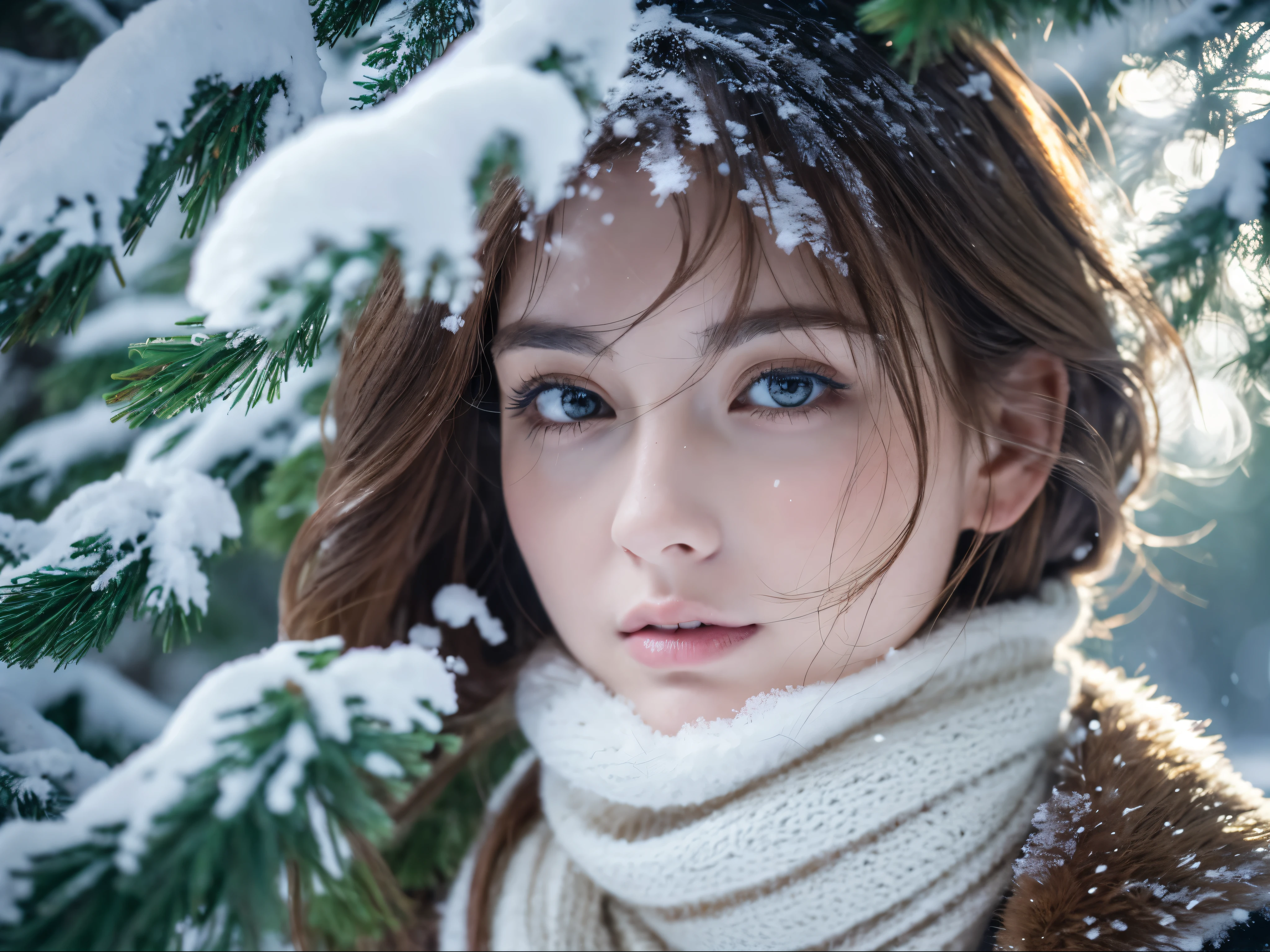 a snow-covered forest, thick pine trees, snowy branches, cold winter landscape, sunlight peeking through the trees, frozen lake nearby, beautiful detailed eyes, beautiful detailed lips, extremely detailed eyes and face, long eyelashes, portrait, cinematic lighting, dramatic colors, muted tones, realistic, photorealistic, photo-realistic:1.37, (best quality,4k,8k,highres,masterpiece:1.2),ultra-detailed,(realistic,photorealistic,photo-realistic:1.37)