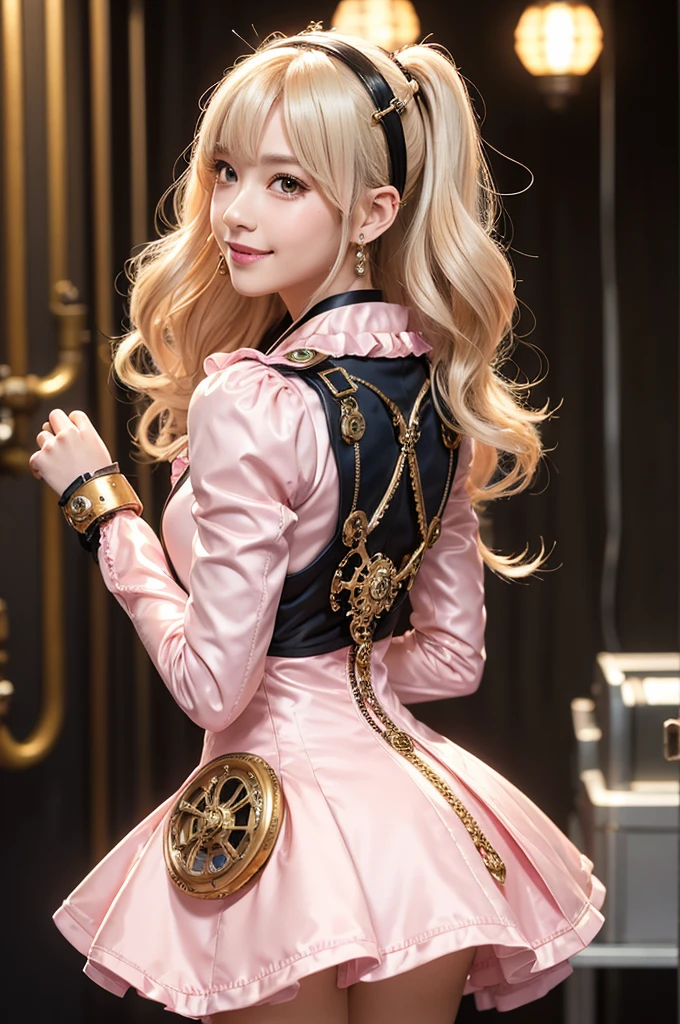 Woman portrait、Highest quality、Rear view、8K,Detailed face, clear, Fine skin、Clear, beautiful eyes、whole body、Bright beautiful face、The beauty of a smile,Curly Hair、My hair was messed up by the wind、(Glamorous Muscle、tall),(Hip_superior, Hip superior), Mature Woman,( Watching the audience),Realistic, High resolution, Soft Light,1 female, alone, Hipアップ, Glowing Skin, (Detailed face), Sexy smile, Perfect Style, Perfect balance,Platinum gold hair,Shaggy Hair,,Naughty look,((Steampunk ruffle dress)),(,Sailor-style collared ao dai,Pink Mecha, High-tech Mecha,Beautiful steampunk cyborg woman,Steampunk Mecha Cyborg Girl,Pink steampunk pink and gold and white jacket,hair ornaments,wrist cuffs,mini skirt),((arms behind back)),(bokeh),(studio lighting)