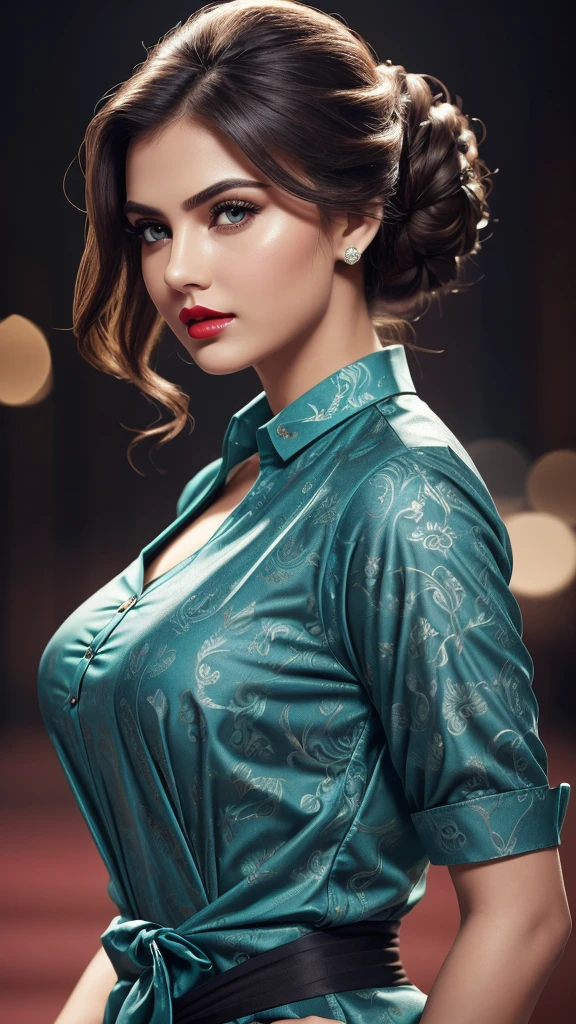 waist high body, big, tall , night bokeh effect background, bodycon, Perfect pink eyes, Great face, Indian, Beautiful appearance, ((Red lips, Bright Eyes, Curve Heir 1.5)), ((Beautiful detailed body)), Amazing gorgeous, amazing beautiful face, Pretty face, Bright Eyes, allured chest, small waist, dynamic crouching pose, from below, teal Elegant printed shirt with attention to detail, Updo Elegant Hair, Blurred gray tone background, super concentrated, Illuminate, Facial details, 8k resolution, I drew, Dry brush, Brush strokes,