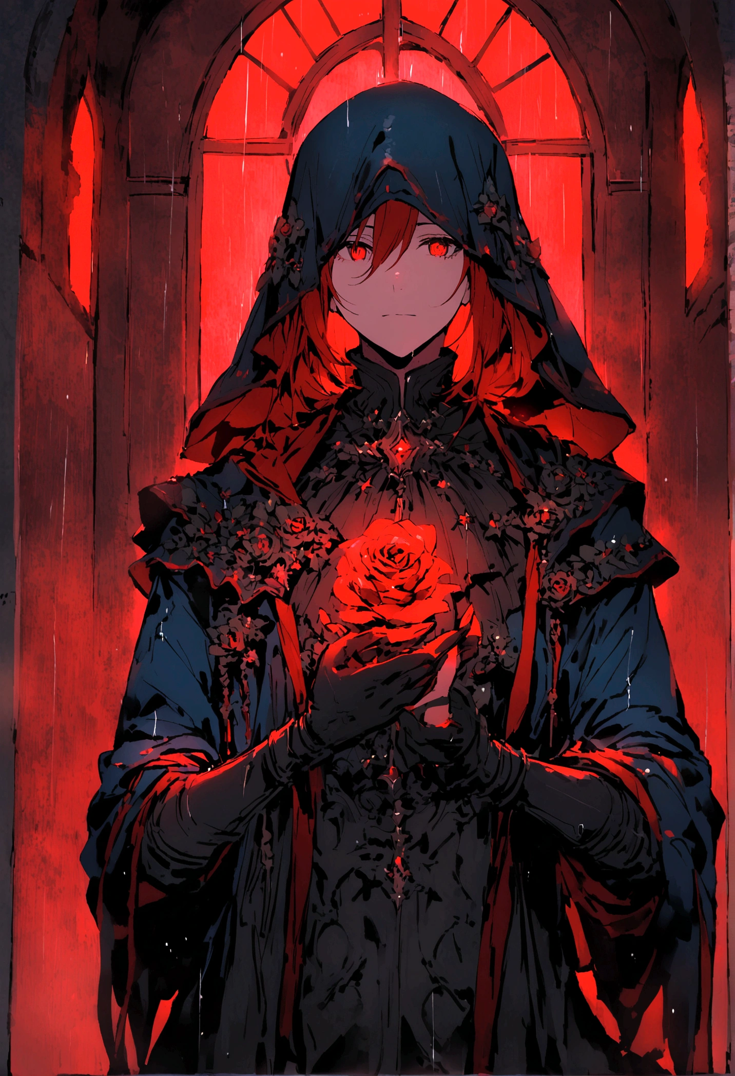 A warrior,Roses in hand,In the church,Mainly black and blue,red neon light,Night,rain