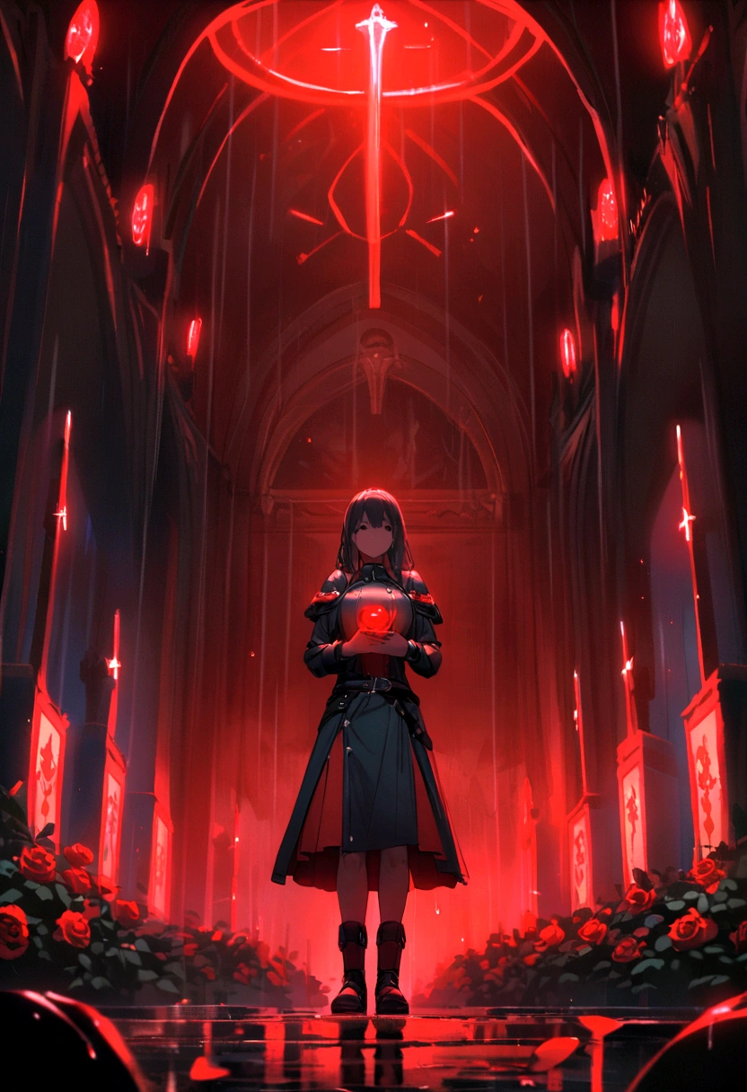 A warrior,Roses in hand,In the church,Mainly black and blue,red neon light,Night,rain