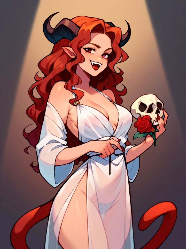 whole body, A pretty woman, long black wavy hair, Brown eyes, without clothes covered with a transparent cloth, cat ears and tail, fangs, horns, sexy, holding a skull, and filled the place with red roses