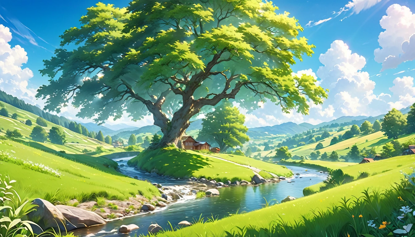 a beautiful countryside landscape in early summer, anime style, distant view, sunny day, idyllic rural scene, rolling hills, lush green fields, vibrant colors, (best quality,4k,8k,highres,masterpiece:1.2),ultra-detailed,(realistic,photorealistic,photo-realistic:1.37),detailed foliage, soft natural lighting, serene atmosphere, picturesque scenery, enchanting scenery, verdant meadows, winding stream, idyllic pastoral, breathtaking vista