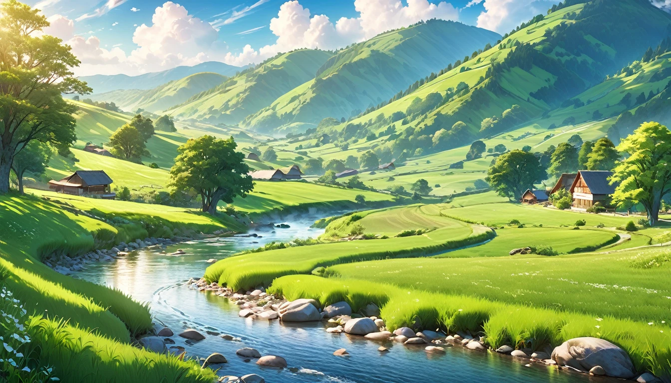 a beautiful countryside landscape in early summer, anime style, distant view, sunny day, idyllic rural scene, rolling hills, lush green fields, vibrant colors, (best quality,4k,8k,highres,masterpiece:1.2),ultra-detailed,(realistic,photorealistic,photo-realistic:1.37),detailed foliage, soft natural lighting, serene atmosphere, picturesque scenery, enchanting scenery, verdant meadows, winding stream, idyllic pastoral, breathtaking vista
