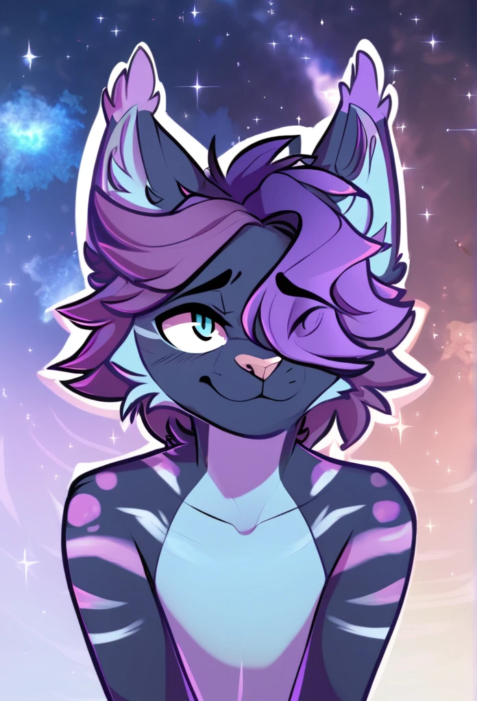 adult, feline, mammal, anthro, anthromorphic, cat, striped, fur, furred_anthro, femboy, male, dark_blue, ear_tufts, paws, hair_tuft, hair_between_eyes, long_tail, fluffy, expressive_eyes, purple_hair, light, galaxy_fur, looking_at_viewer, light_blue_chest, shy, small_pupils, spotted_pattern, stripes, digital_art, high_resolution, high_res, background shy, head_visible, neck_visible, profile_picture, seductive_face, white_outline, angry_expression