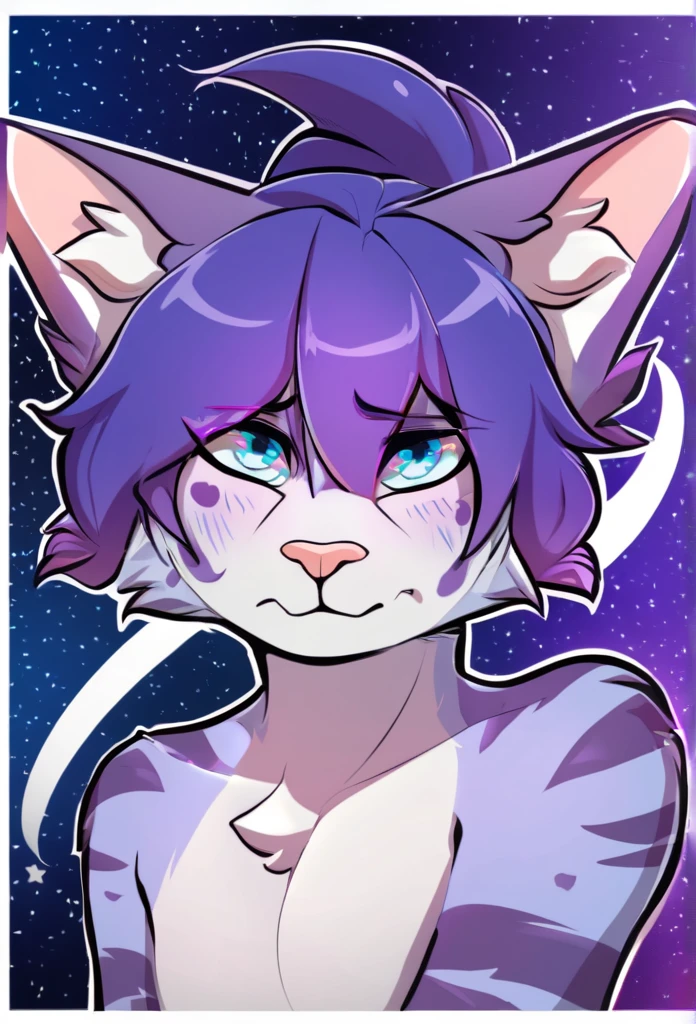 adult, feline, mammal, anthro, anthromorphic, cat, striped, fur, furred_anthro, femboy, male, dark_blue, ear_tufts, paws, hair_tuft, hair_between_eyes, long_tail, fluffy, expressive_eyes, purple_hair, light, galaxy_fur, looking_at_viewer, light_blue_chest, shy, small_pupils, spotted_pattern, stripes, digital_art, high_resolution, high_res, background shy, head_visible, neck_visible, profile_picture, seductive_face, white_outline, angry_expression