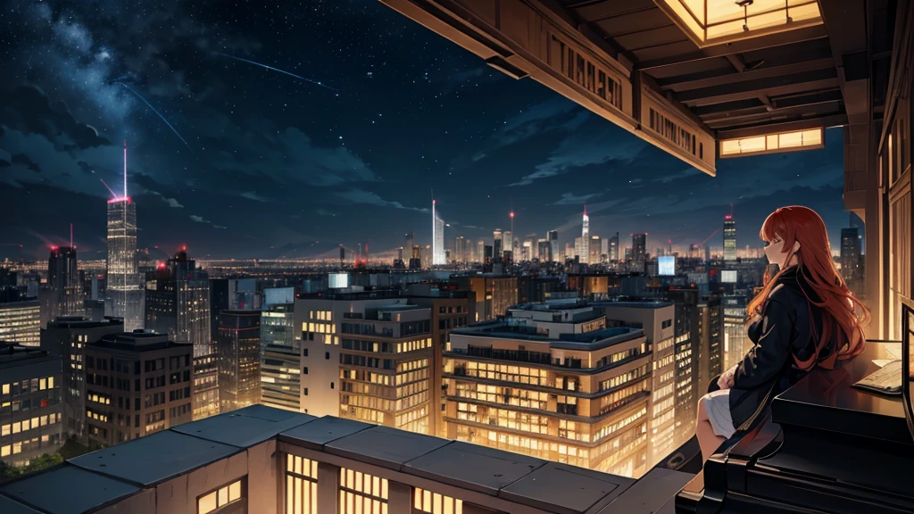 Create a detailed illustration of a vast urban landscape with numerous buildings, focusing on a nighttime city. In the distance, on the rooftop of one of the buildings, there should be a girl with very long red hair playing the piano. The cityscape features a mix of architectural styles, with tall skyscrapers and smaller buildings creating a dynamic skyline. The atmosphere is serene and slightly melancholic, with the city illuminated by soft lights from the buildings' windows and streetlights. The girl on a rooftop in the distance should be clearly visible, playing a grand piano under the glow of the city lights. A few birds can be seen flying in the sky. There are small parks and green spaces interspersed among the buildings, providing a touch of nature within the urban environment. The sky is filled with stars, adding to the tranquil atmosphere of the scene. The image should convey a moment of peace in the midst of a chaotic and difficult day.