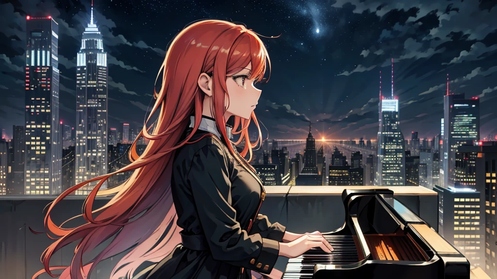 Create a detailed illustration of a vast urban landscape with numerous buildings, focusing on a nighttime city. In the distance, on the rooftop of one of the buildings, there should be a girl with very long red hair playing the piano. The cityscape features a mix of architectural styles, with tall skyscrapers and smaller buildings creating a dynamic skyline. The atmosphere is serene and slightly melancholic, with the city illuminated by soft lights from the buildings' windows and streetlights. The girl on a rooftop in the distance should be clearly visible, playing a grand piano under the glow of the city lights. A few birds can be seen flying in the sky. There are small parks and green spaces interspersed among the buildings, providing a touch of nature within the urban environment. The sky is filled with stars, adding to the tranquil atmosphere of the scene. The image should convey a moment of peace in the midst of a chaotic and difficult day.