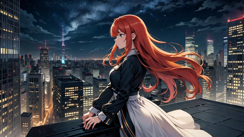 Create a detailed illustration of a vast urban landscape with numerous buildings, focusing on a nighttime city. In the distance, on the rooftop of one of the buildings, there should be a girl with very long red hair playing the piano. The cityscape features a mix of architectural styles, with tall skyscrapers and smaller buildings creating a dynamic skyline. The atmosphere is serene and slightly melancholic, with the city illuminated by soft lights from the buildings' windows and streetlights. The girl on a rooftop in the distance should be clearly visible, playing a grand piano under the glow of the city lights. A few birds can be seen flying in the sky. There are small parks and green spaces interspersed among the buildings, providing a touch of nature within the urban environment. The sky is filled with stars, adding to the tranquil atmosphere of the scene. The image should convey a moment of peace in the midst of a chaotic and difficult day.