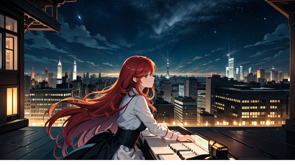 Create a detailed illustration of a vast urban landscape with numerous buildings, focusing on a nighttime city. In the distance, on the rooftop of one of the buildings, there should be a girl with very long red hair playing the piano. The cityscape features a mix of architectural styles, with tall skyscrapers and smaller buildings creating a dynamic skyline. The atmosphere is serene and slightly melancholic, with the city illuminated by soft lights from the buildings' windows and streetlights. The girl on a rooftop in the distance should be clearly visible, playing a grand piano under the glow of the city lights. A few birds can be seen flying in the sky. There are small parks and green spaces interspersed among the buildings, providing a touch of nature within the urban environment. The sky is filled with stars, adding to the tranquil atmosphere of the scene. The image should convey a moment of peace in the midst of a chaotic and difficult day.