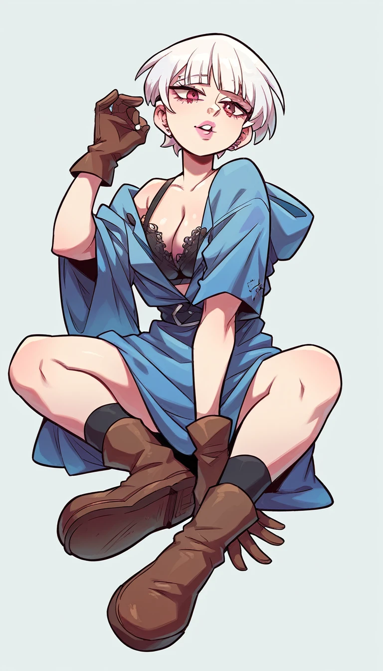 A sexy Mexican girl with a big chest Beautiful sensual sensitivity short white hair cut albino her son blue pink lip she dresses black bra underneath a short blue sweatshirt and a pair of long black mesh socks brown boots gloves black steel