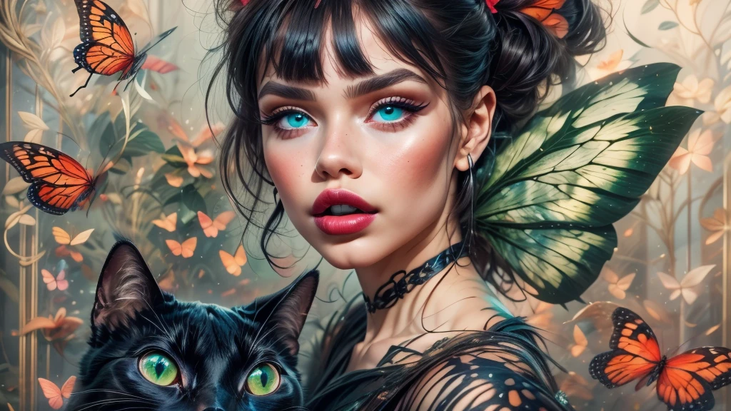 8k, solo, beautiful girl, black cat, makeup, blush, lipstick, red lips, portrait, realistic, green eyes, looking at viewer, painting, butterflies,