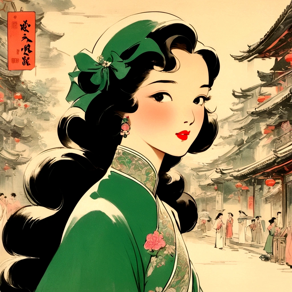 An elegant and beautiful girl,Vintage pictorial,Showa era,Retro Hong Kong style,sad,Delicate face,close up,cartoon,wallpaper,cartoon背景,New popular sensitive style,Deep emerald and pink,Sensitive Stillness,80's,Whiplash Curve,Timeless beauty,Directional posture