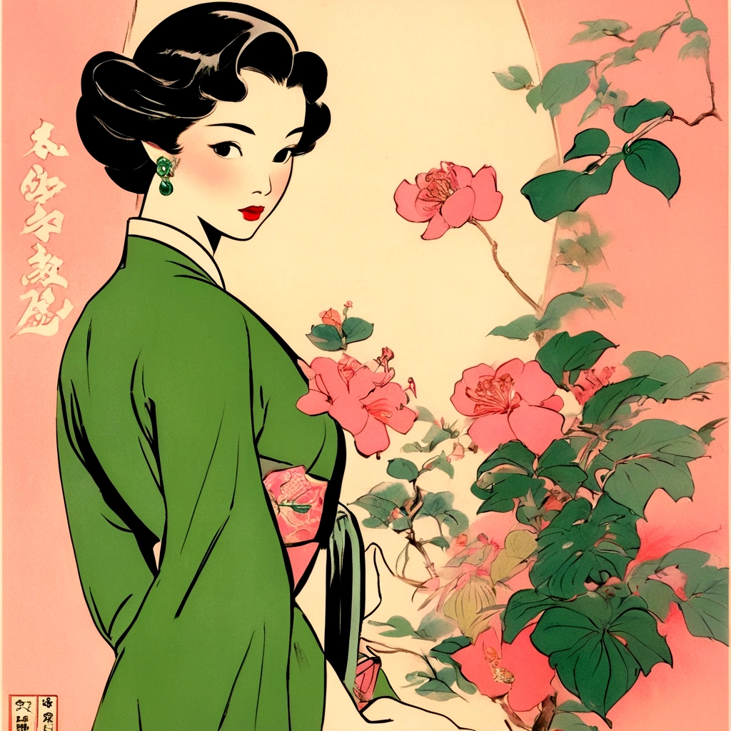 An elegant and beautiful girl,Vintage pictorial,Showa era,Retro Hong Kong style,sad,Delicate face,close up,cartoon,wallpaper,cartoon背景,New popular sensitive style,Deep emerald and pink,Sensitive Stillness,80's,Whiplash Curve,Timeless beauty,Directional posture