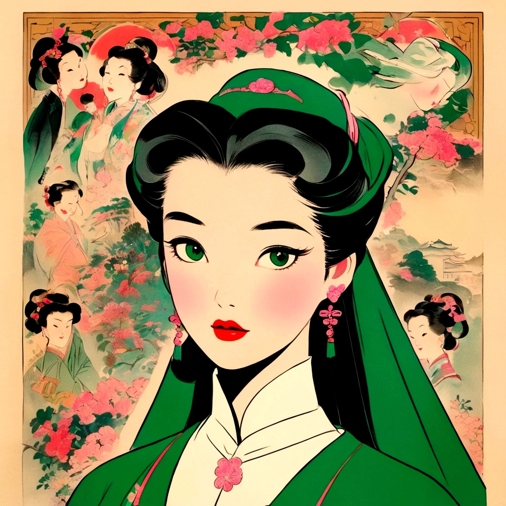 An elegant and beautiful girl,Vintage pictorial,Showa era,Retro Hong Kong style,sad,Delicate face,close up,cartoon,wallpaper,cartoon背景,New popular sensitive style,Deep emerald and pink,Sensitive Stillness,80's,Whiplash Curve,Timeless beauty,Directional posture
