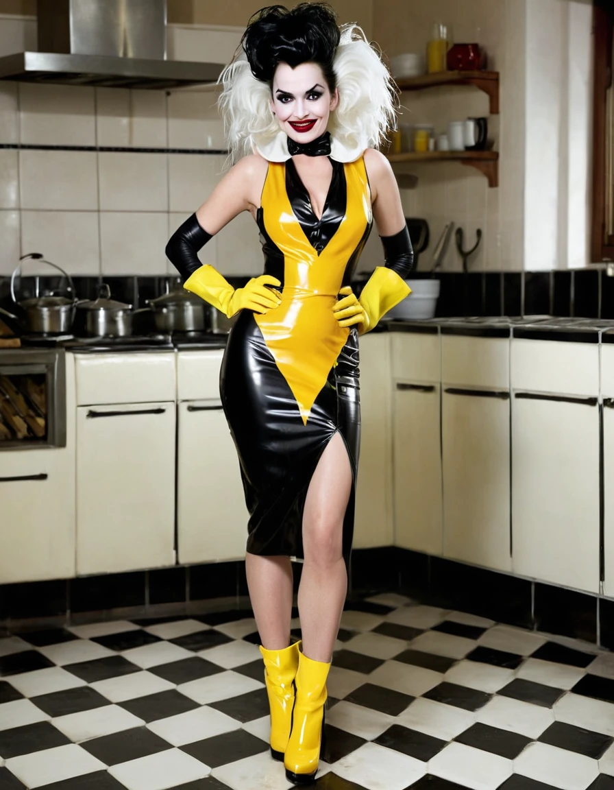 A masterpiece, High resolution, Best quality, very detailed. A naked sexy Cruella. A very magnificent hairstyle. A naked model in a long latex butcher's apron. Hands in yellow latex gloves on hips. A haughty pose. An evil smile. A sinister grin. It stands on the tiled floor.