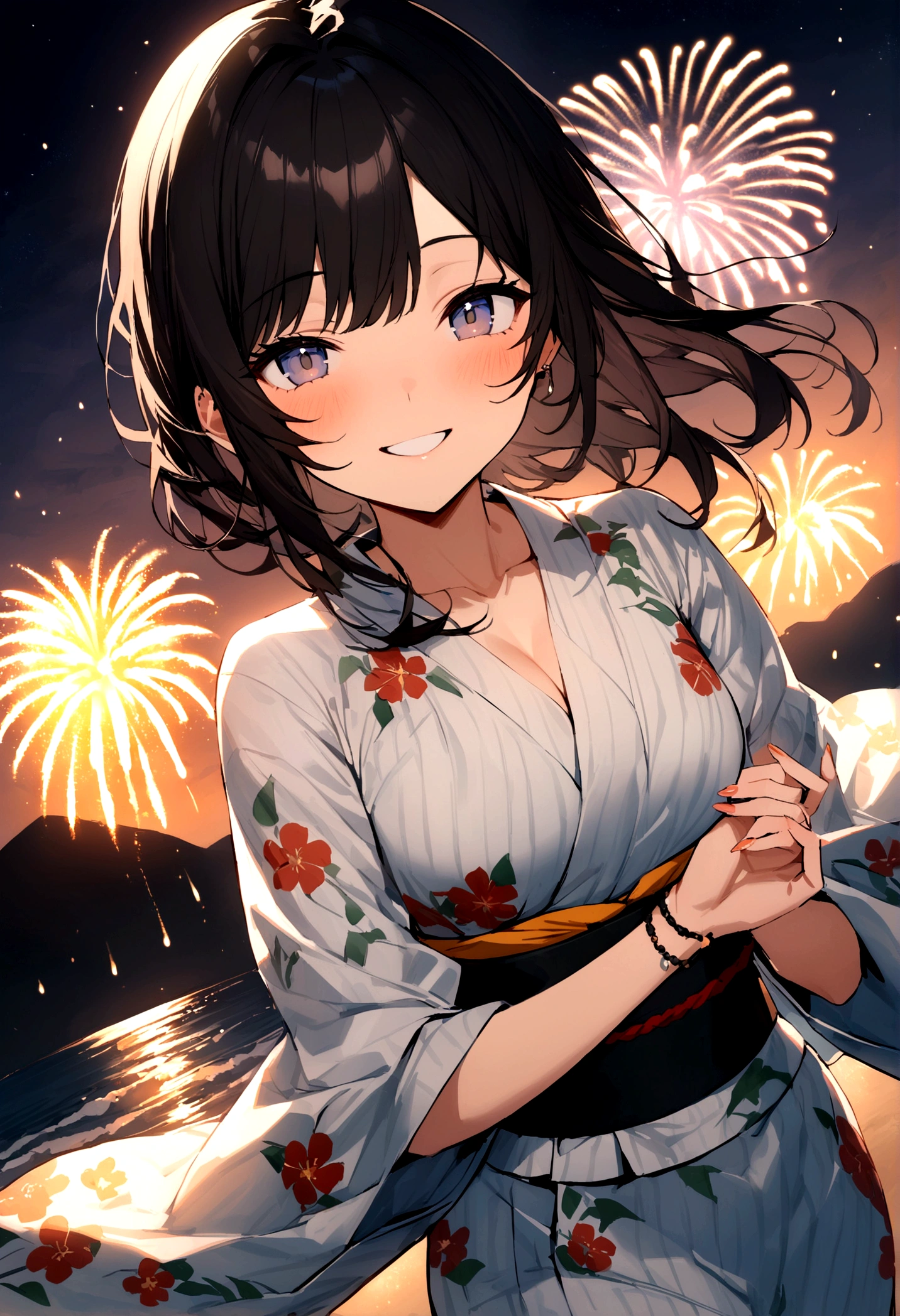 masterpiece, best quality, Summer Kimono, Flowering, firework, firefly,Waves,走在Waves边上, Smile, Night Sky, Black hair