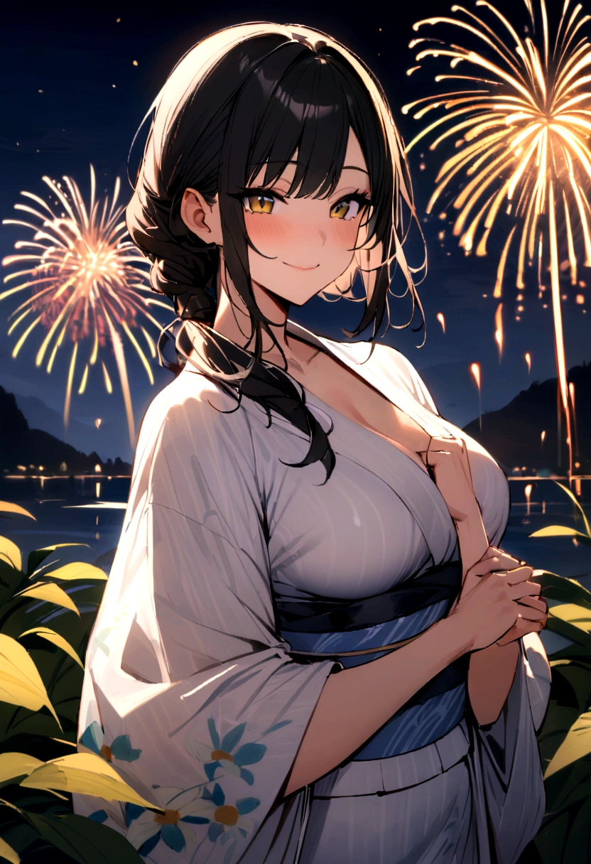 masterpiece, best quality, Summer Kimono, Flowering, firework, firefly,Waves,走在Waves边上, Smile, Night Sky, Black hair
