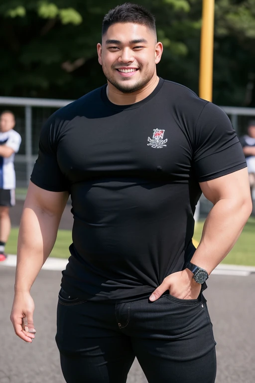 ((highest quality)), ((masterpiece)), (detailed), ((Perfect Face)), 4k, Shaved head, Young Japanese, Muscular, Fat body, Very big man, smile, ((showing off crotch))A large Japanese man wearing a tight black T-shirt、whole body、Rugby last week、Thick legs、Thick arm muscles、Intimidating、whole body、wearing a tight black pants