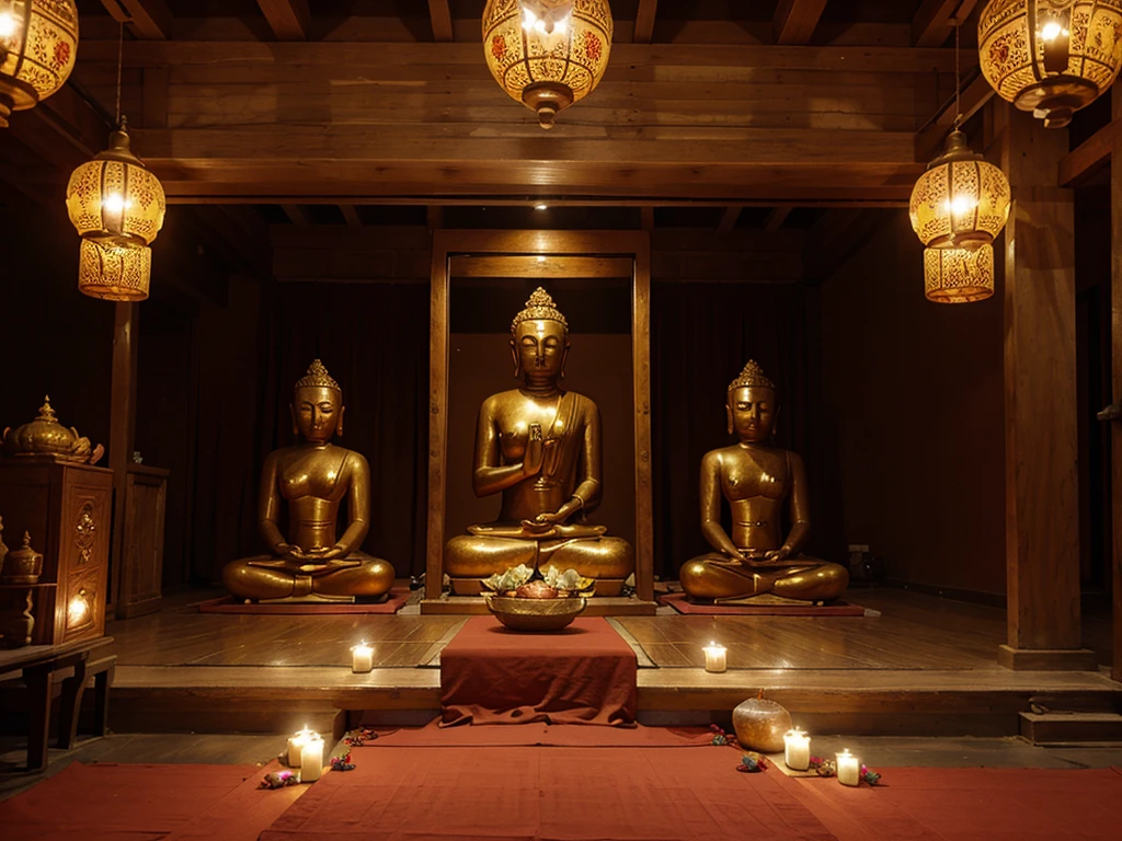 Buddha statues, lotus flowers, monks, Dharma practitioners