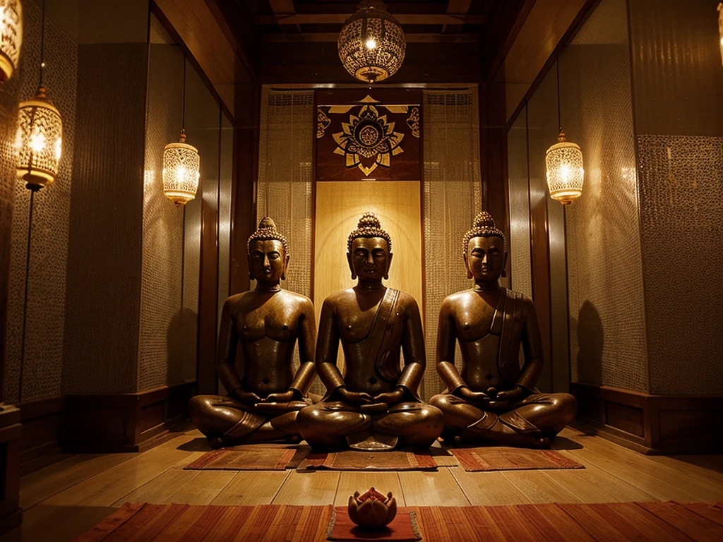 Buddha statues, lotus flowers, monks, Dharma practitioners