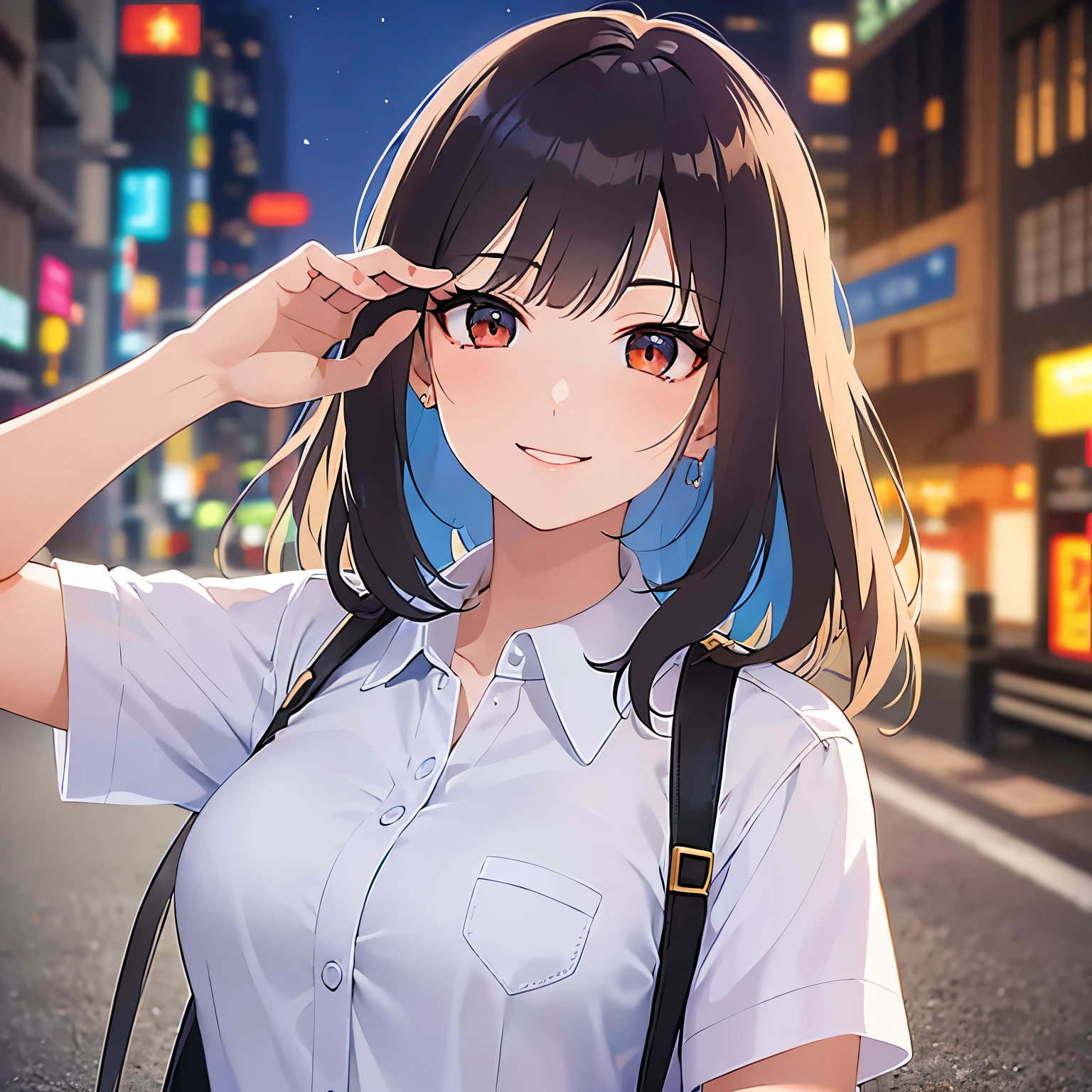 lookin at viewer,upper Body, salute、
Realistic, real person, (pale skin: 1.2), RAW photo, photorealistic, shiny skin, shiny hair、 (A 25-year-old woman with bob hair and bangs:1.5) and (wavy hair) and (brown hair) and (Orange Eyes)、
(business suit)and (Wearing a white collared shirt：1.5)、
blush,(smile:1.5),The background is the city at night、Night Sky