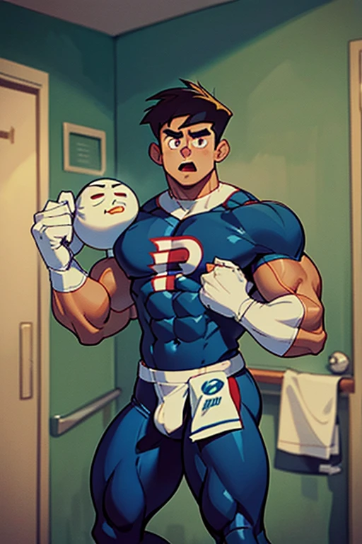 Danny Phantom, ghost, hypnosis, jock, conversion, locker room hallway, hyper muscles, jockstrap, bro, meathead, hypnotized, brainwashed, brainwashing, big dumb jock, football. Glowing eyes. Hyper crotch bulge. Massive bulging crotch. Big balls. Big biceps. Big triceps. Big traps. Broad shoulders. Big meaty pecs. Big thighs. Thick glutes. Hyper muscles. Flat top buzz cut. Football team assimilation. Clothes turning into a football uniform. Danny Fenton turning into Dash Baxter's football jock lackey. Dash whispering in Danny Fenton's ear. Danny Fenton obeying Dash Baxter as Dash Baxter says, "Don't worry, Fenton. You'll like being on my team. Now shove that nerd into the locker like a good jock. You know you want to...." Dumber. IQ drain. Danny shoving a student into a locker saying, "I follow the play. Dumb jocks must obey...." Open mouth. Blank stare. digital painting. Very detailed.