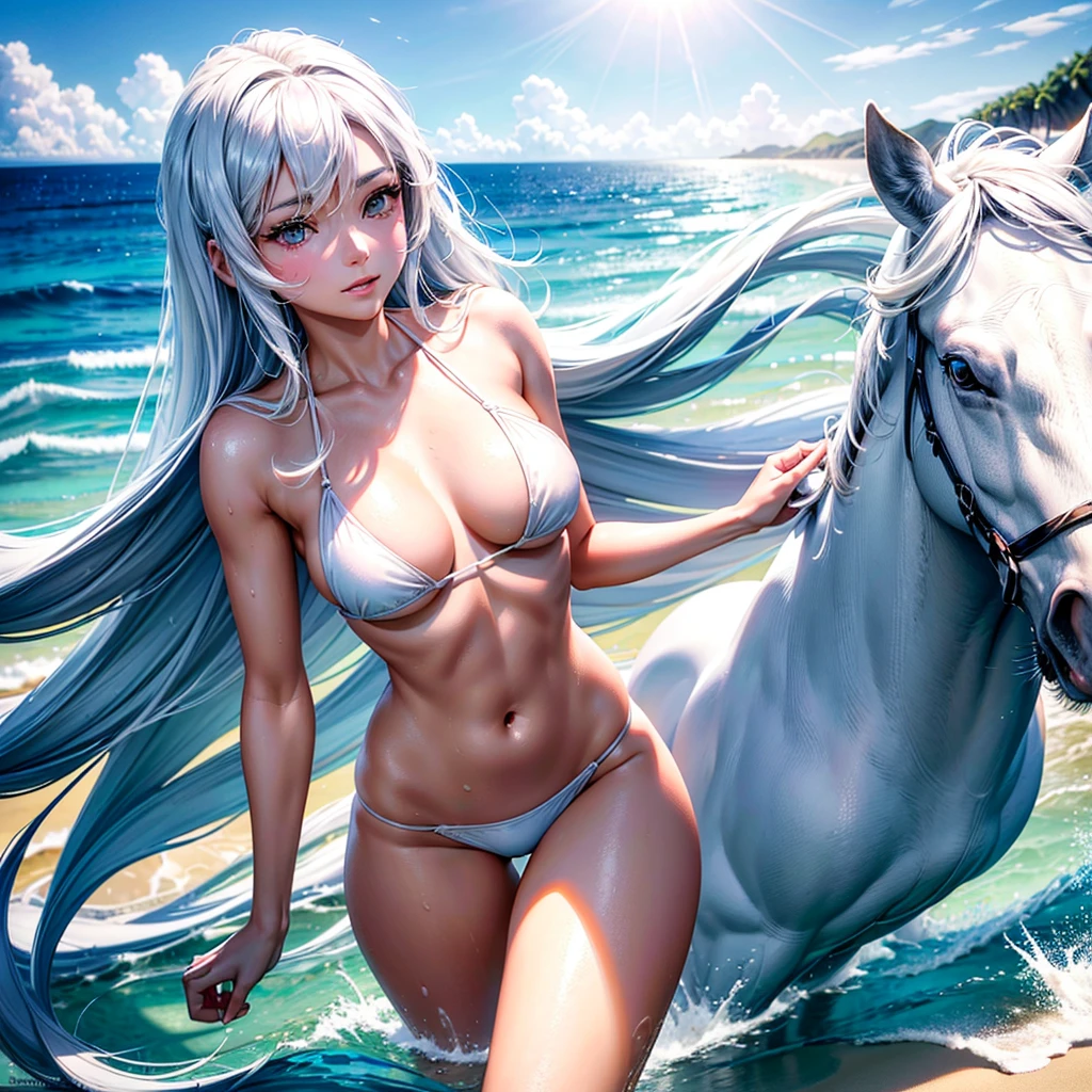 Tokidoki Bosotto a beautiful girl in a white bikini on the beach, playing with the sand, long eyelashes, detailed eyebrows, a white horse, blue eyes, pale skin, (best quality,4k,8k,highres,masterpiece:1.2),ultra-detailed,(realistic,photorealistic,photo-realistic:1.37),detailed portrait,beach,seascape,blue sky,golden sun,ocean waves,white sand,white bikini,long hair,detailed eyes,detailed lips,detailed face,delicate features,elegant pose,graceful movement,white horse,beautiful white horse,white mane,white tail,majestic,tranquil atmosphere,warm lighting,vibrant colors,soft focus
