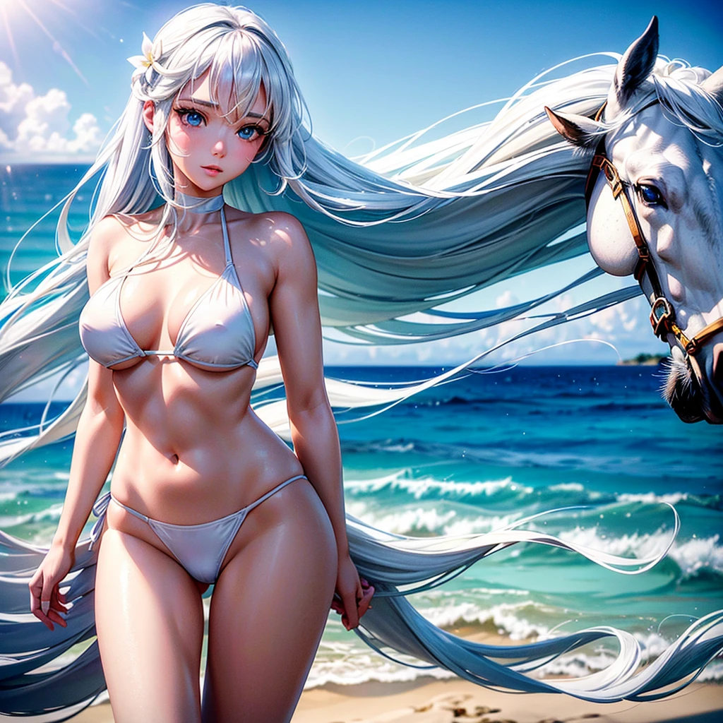 Tokidoki Bosotto a beautiful girl in a white bikini on the beach, playing with the sand, long eyelashes, detailed eyebrows, a white horse, blue eyes, pale skin, (best quality,4k,8k,highres,masterpiece:1.2),ultra-detailed,(realistic,photorealistic,photo-realistic:1.37),detailed portrait,beach,seascape,blue sky,golden sun,ocean waves,white sand,white bikini,long hair,detailed eyes,detailed lips,detailed face,delicate features,elegant pose,graceful movement,white horse,beautiful white horse,white mane,white tail,majestic,tranquil atmosphere,warm lighting,vibrant colors,soft focus
